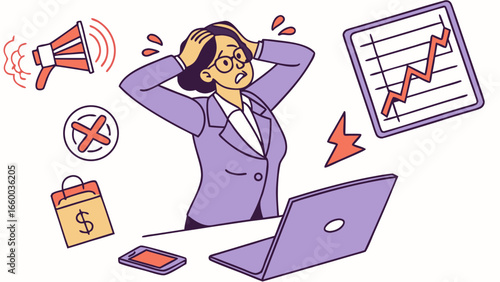 Stressed Businesswoman with Hands on Head in Office.