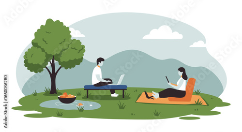 People working outdoors in a park with a tree and mountain view
