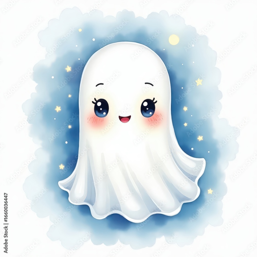 Obraz premium Cute cartoon ghost smiling against a starry background in a playful and cheerful design