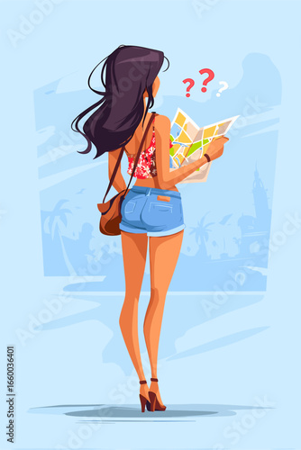 Lost Traveler with Map in Summer Outfit Exploring a New City