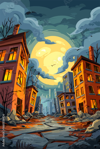 Post-Apocalyptic Cityscape with Ruined Buildings and Dramatic Sky