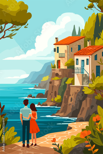 Romantic Coastal Getaway: Couple Embraces Scenic View of Cliffs and Houses