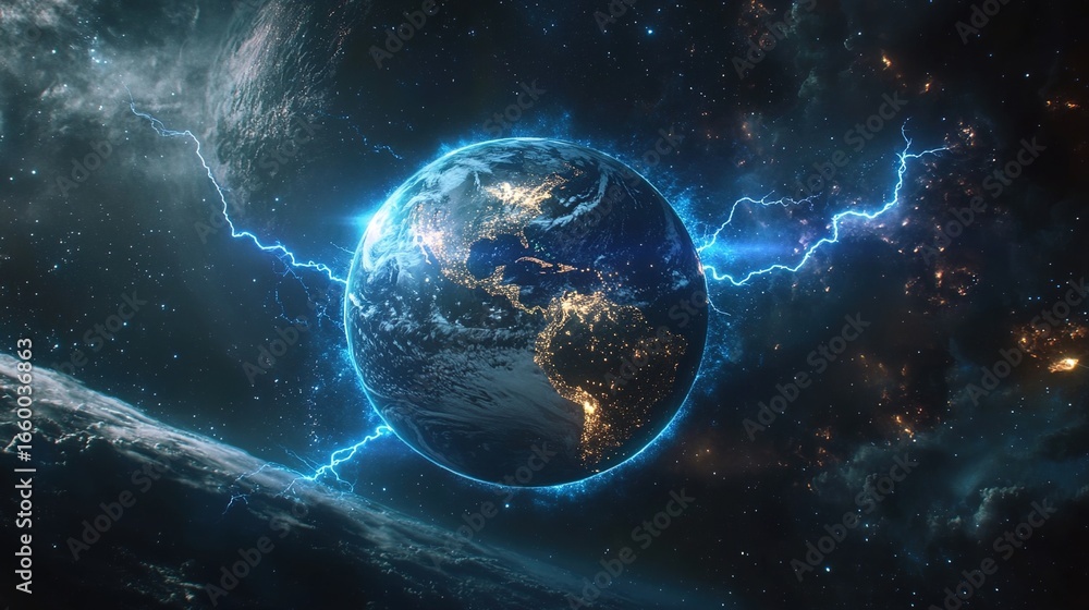 Obraz premium Earth Under Cosmic Starry Sky, Lightning and Nebula Interweaving, Sci - Fi Space Scene