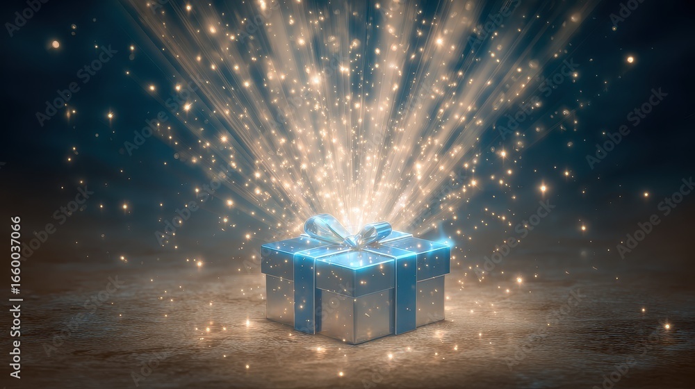 Fototapeta premium Gift box bursting with light beams, magical surprise concept.