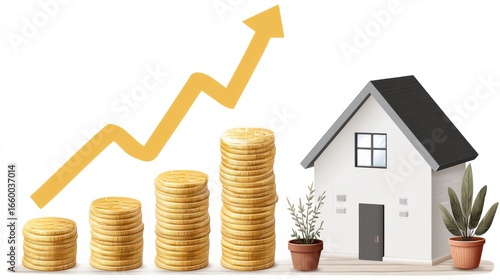 Wallpaper Mural A graphic illustration showing a house beside stacked coins and an upward trend line, symbolizing financial growth and real estate investment. Torontodigital.ca