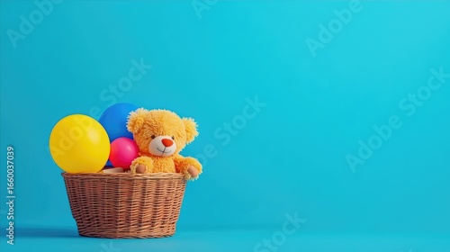 Teddy Bear with Balloons in Wicker Basket on Blue Background a Colorful Still Life Studio Shot for Holiday Celebration and Decoration