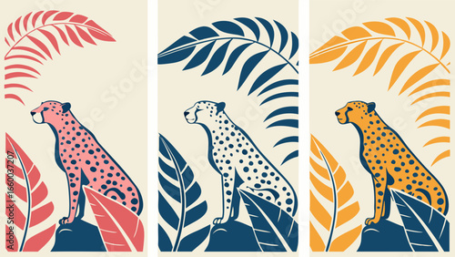 Three Colorful Cheetahs with Tropical Leaves in a Graphic Design Style.
