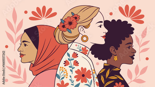 Three Diverse Women in Profile Floral Accents.