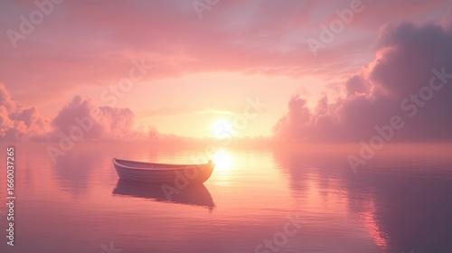 Majestic Seascape at Sunset with Wooden Boat Silhouetted Against Pink Sky and Water Reflection Landscape
