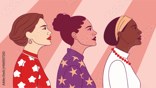 Three Diverse Women in Profile Stylish Clothing and Accessories.
