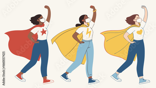 Three Powerful Women Superheroes Wearing Masks.