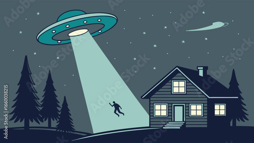 UFO Abducting Person Near House at Night.