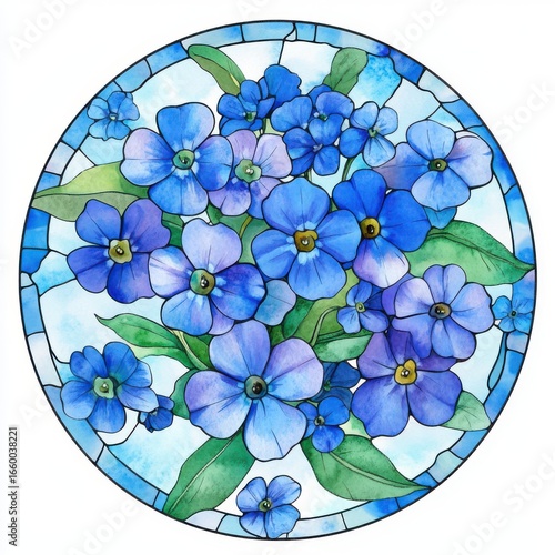 Watercolor Painting of Blue Forget Me Nots in a Circular Frame