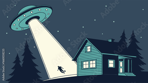 UFO Abduction Scene Flying Saucer Beams Person from House.