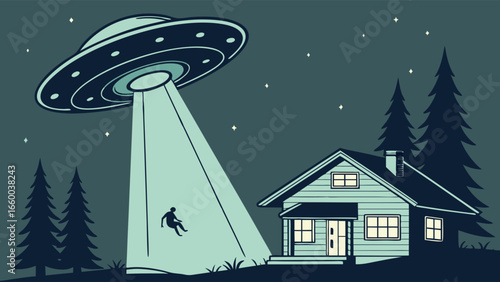 UFO Abduction Scene with Flying Saucer and House.