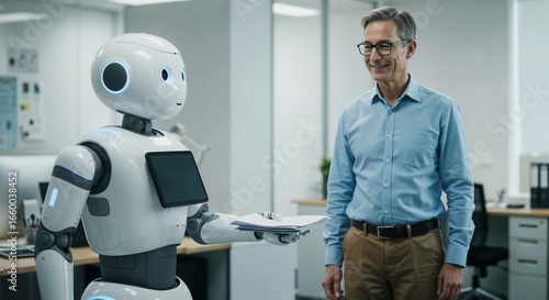 Businessman interacting with humanoid robot in modern office  