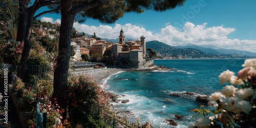 Picturesque Coastal Village Scene with Turquoise Water and Lush Greenery on a Sunny Day
