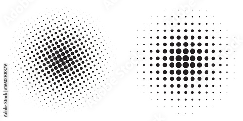 Abstract halftone dot patterns with radial symmetry and gradient fading on white white background