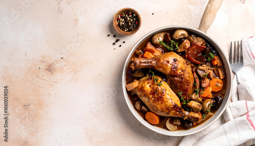 Coq au Vin: Braised Chicken in Red Wine with Mushrooms and Bacon
