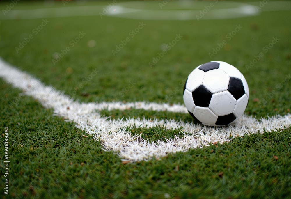 Fototapeta premium A classic black and white soccer ball on the corner of a lush green pitch, ready for the game and symbolizing the excitement and passion of the sport. 