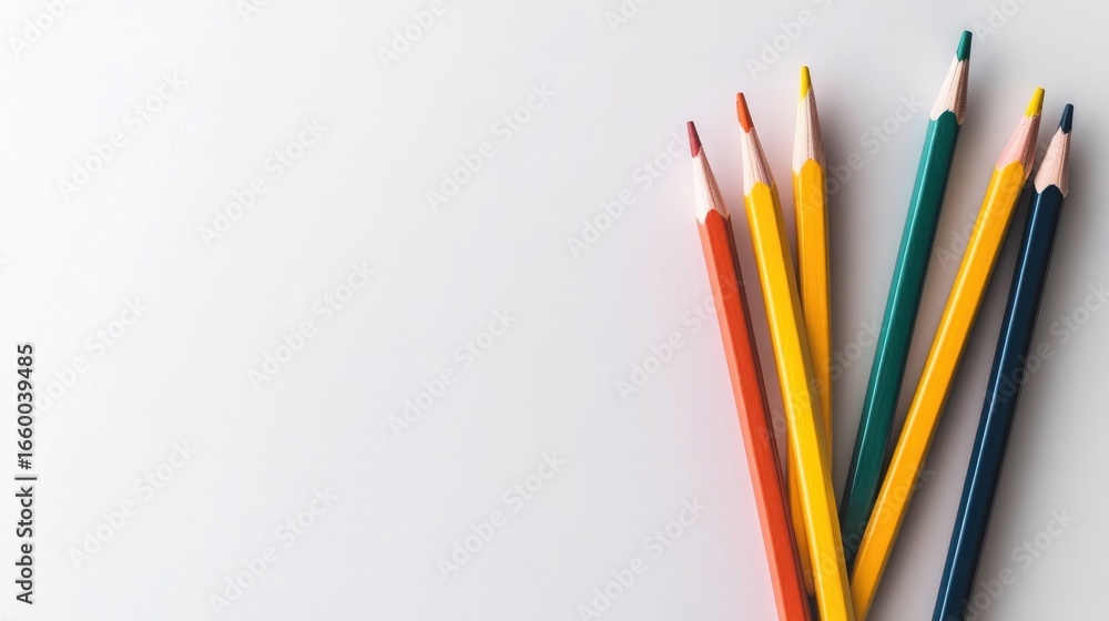 Fototapeta premium Group of Colored Pencils with Orange Yellow and Blue on White Surface Featuring Clean and Bright Lighting Style Perfect for School Supplies Design