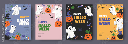 Hand drawn cartoon cards or posters set of Halloween with ghosts, pumpkins, spider web, bats, candies and typography. Festive template design for print, invitation, advertising, flyer, banner, web