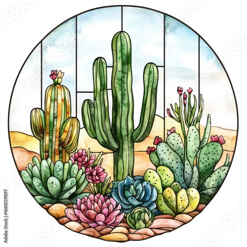 Watercolor Painting of Desert Cactus and Succulents in a Circular Frame