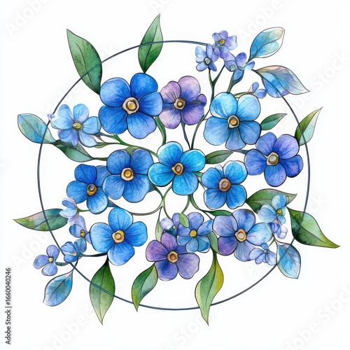 Watercolor Painting of Forget Me Nots in a Circular Floral Arrangement