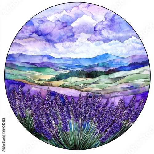 Watercolor Painting of Lavender Field and Rolling Hills Under a Cloudy Sky