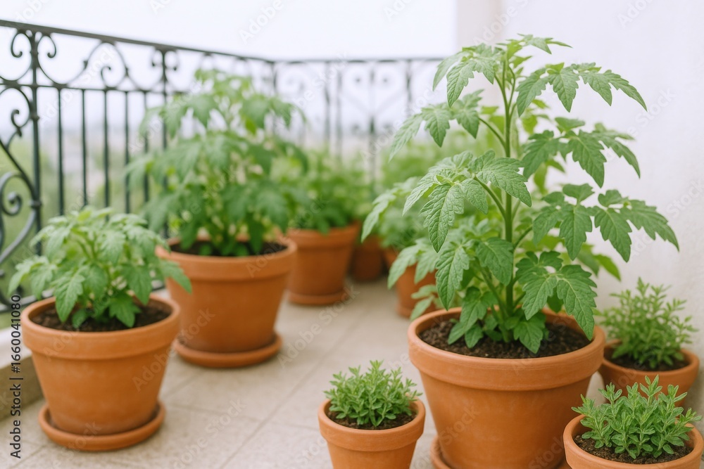 Fototapeta premium Terracotta Potted Tomato Plants Flourishing on a Sunny Balcony, Featuring Fresh Herbs and Elegant Iron Railings