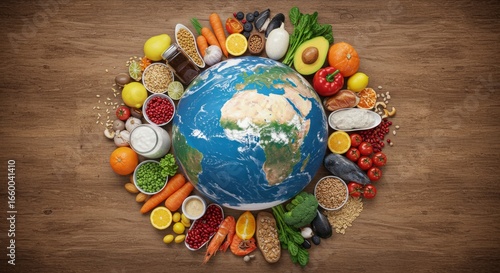 Earth globe surrounded by various fresh foods, sustainable eating concept, World Food Day poster