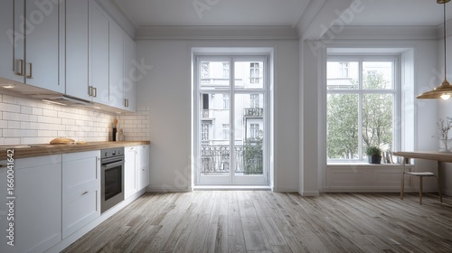 Bright Modern Kitchen Interior with White Cabinets  Hardwood Floors  and Natural Light from Large Windows