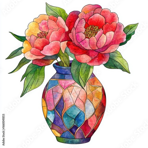 Watercolor Painting of Pink and Red Peonies in a Colorful Stained Glass Vase