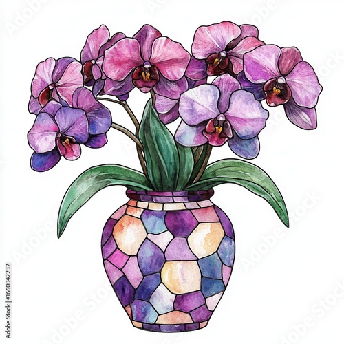 Watercolor Painting of Purple Orchids in a Mosaic Vase