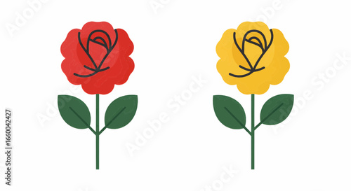 Vibrant Flat Design Roses A Pair of Red and Yellow Floral Icons on White Background