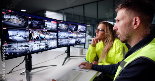 Foto Corporate Surveillance Operator Examines CCTV Security Camera Control System