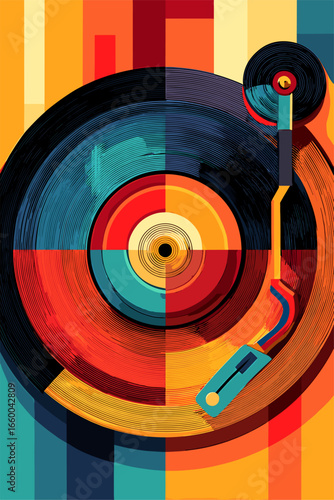 Colorful Abstract Vinyl Record with Turntable Illustration