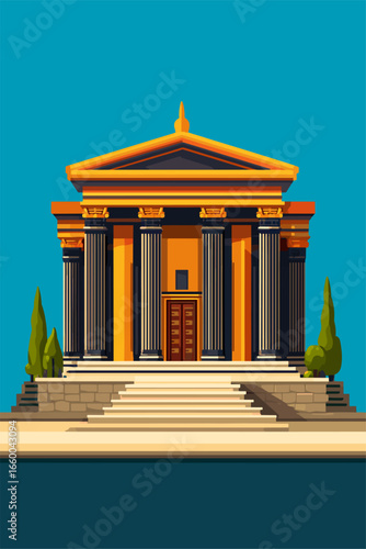 Stylized Classical Temple with Columns and Stairs on a Blue Background