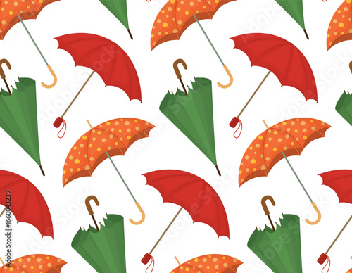 Seamless pattern with open and closed umbrellas. Colorful seasonal background with objects for rainy weather