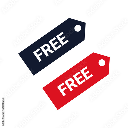 Free tag icons in red and black representing promotion label, shopping discount, marketing campaign, retail advertising, e-commerce offer, and business sales announcement concept