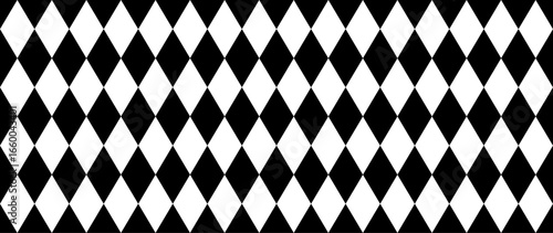 Black and white diamond seamless checkered pattern background representing textile fabric, geometric abstract design, retro wallpaper, carnival decoration, and modern art concept