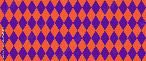 Orange and purple diamond seamless checkered pattern background representing textile fabric, geometric abstract design, retro wallpaper, carnival decoration, and modern art concept