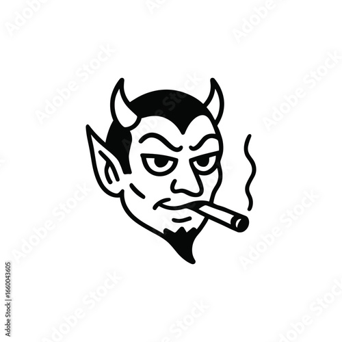 Devil face line art illustration with horns and cigar, black outline cartoon character, simple graphic design isolated on light background