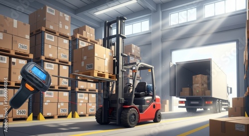 Indoor Warehouse with Forklift and Shipping Boxes in Bright Sunlight