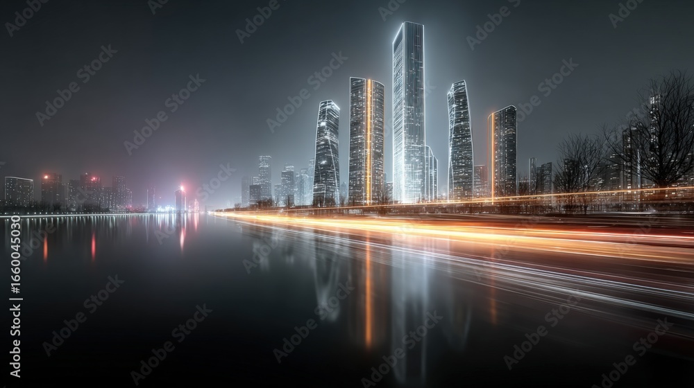Obraz premium Modern Cityscape at Night with Light Trails Reflecting on Water, Featuring Urban Development and Futuristic Design