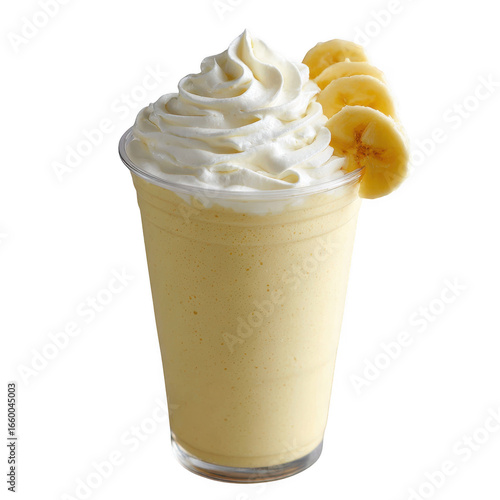 Delicious banana milkshake with whipped cream and banana slices isolated on transparent background