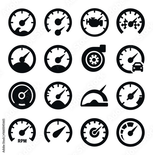Various car dashboard icons displaying speed, rpm, and engine indicators