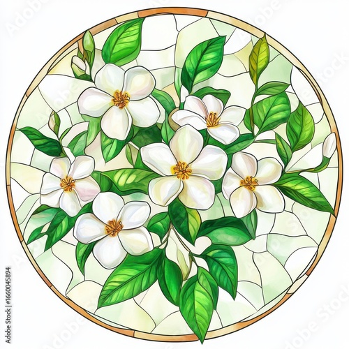 Watercolor Painting of White Flowers in a Round Frame