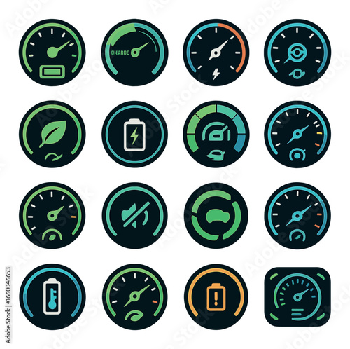 Colorful gauge icons set depicting speed, energy, eco, and alerts in circular designs