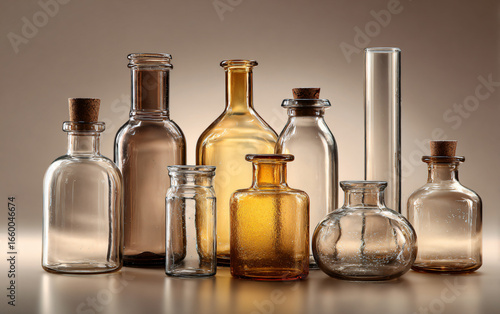 Collection of crystal bottles and flasks arranged elegantly on a neutral background showcasing laboratory and medical tools